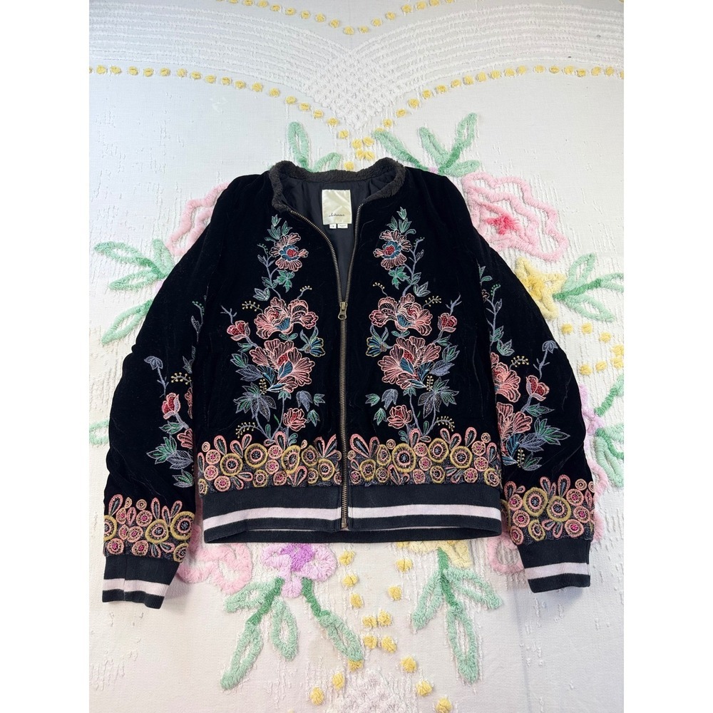 Anthropologie Elevenses Black Velvet Embroidered Floral Beaded Bomber Jacket S - Picture 2 of 9